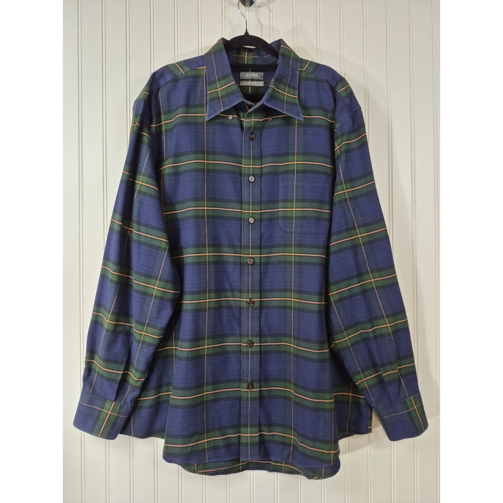 Enro Mens XL Big & Tall Cotton Plaid Flannel Button Down Shirt Navy Green Orange